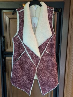 LuLaRoe Maroon and Cream Sherpa-Lined Vest